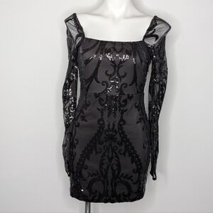 Lulus Black Sequin Sheer Long Sleeve Square Neck Mini Dress S